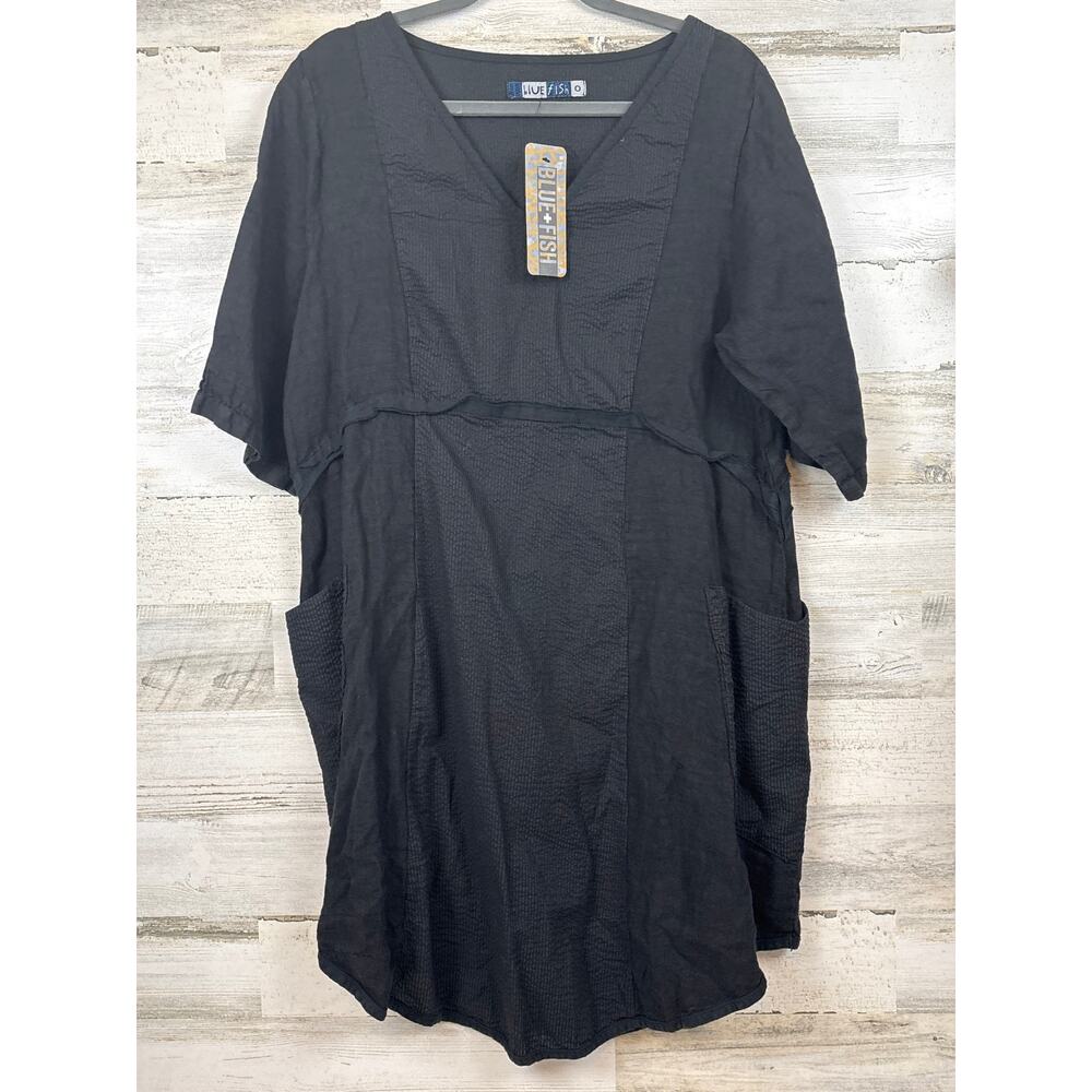 Blue Fish Womens S M Oversized Black Linen Organic Cotton Boho Midi Dress NWT
